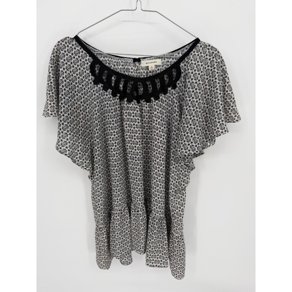 Max Studio Womens Flutter Sleeve Blouse Crochet Neckline Black White Size L